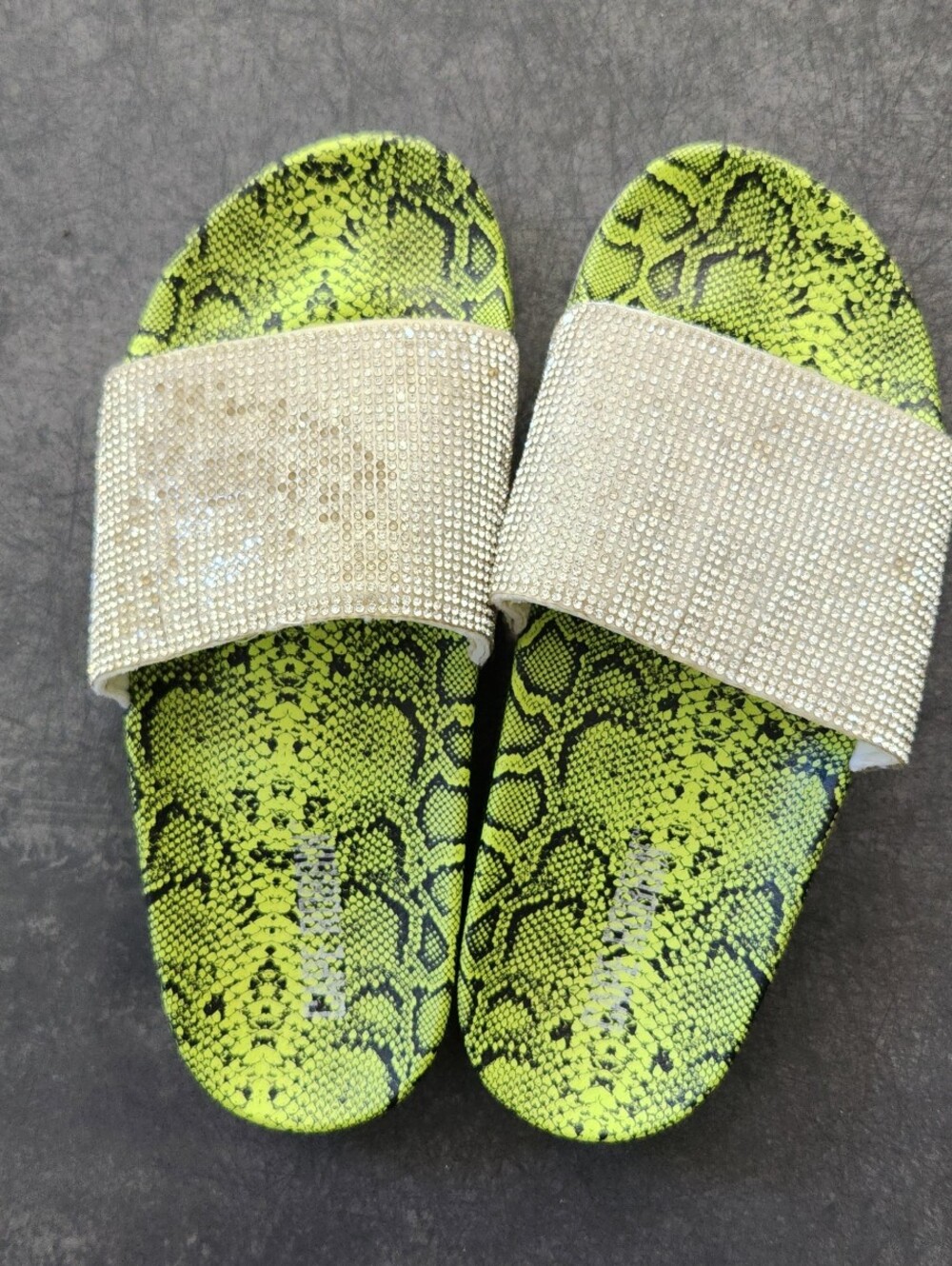 Neon Green Snake-Print Slide with Rhinestone Strap -